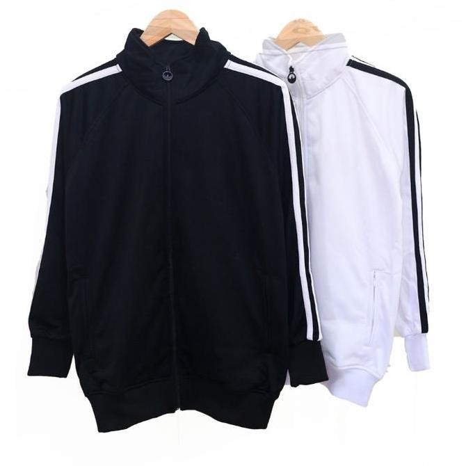 Jaket Tracktop Hitam Polos Stripe Putih Pria Wanita Sporty