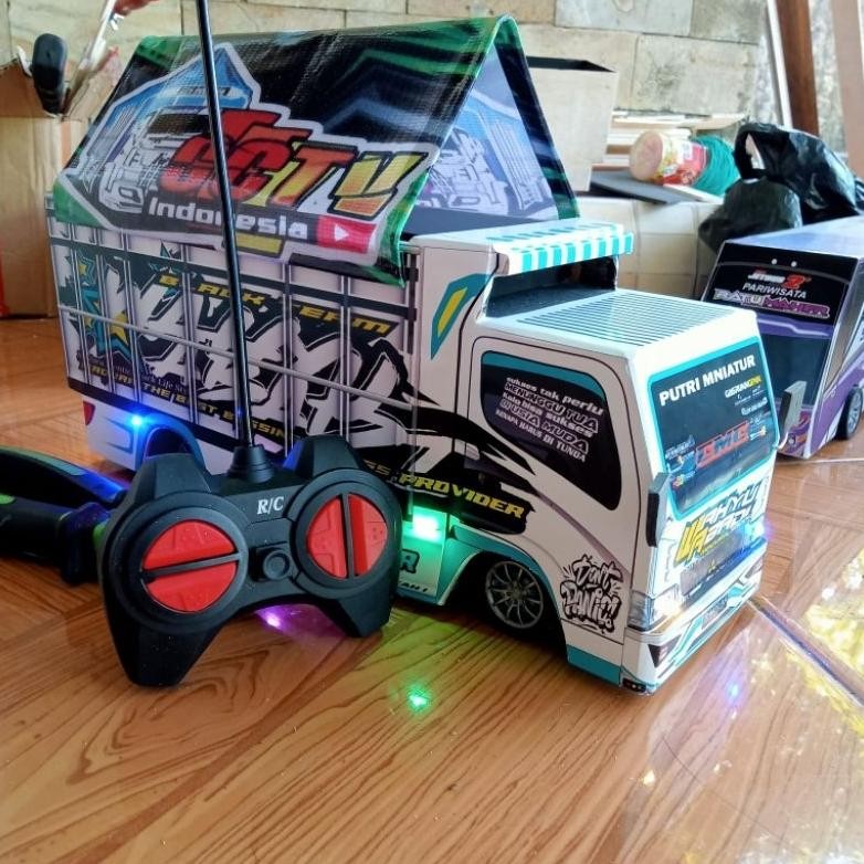 mainan anak miniatur truk oleng remot control wahyu abadi 2 full lampu dan terpal