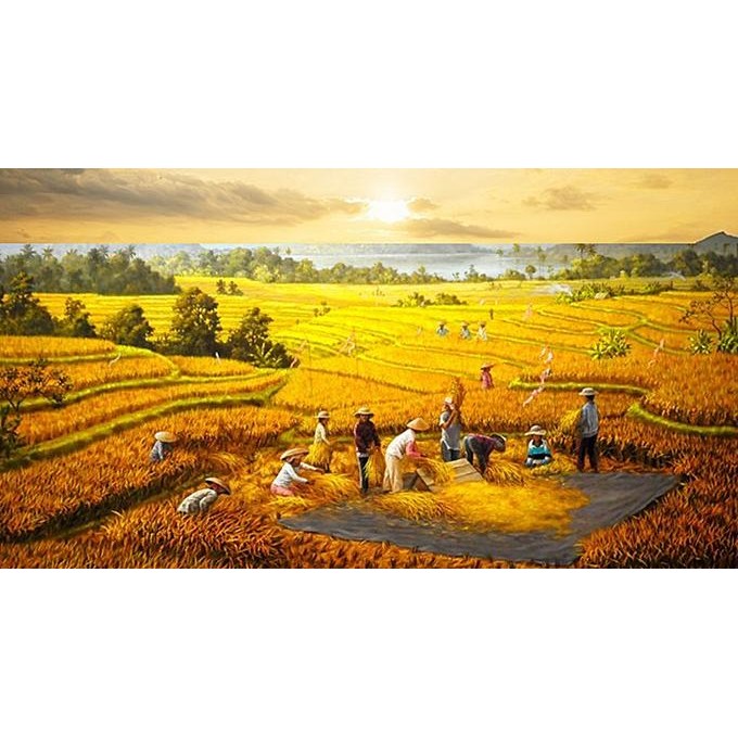 TERBARU - Lukisan Pemandangan Panen Padi dan Panen Raya Realistis dengan Teknik Palet (Padi Timbul)