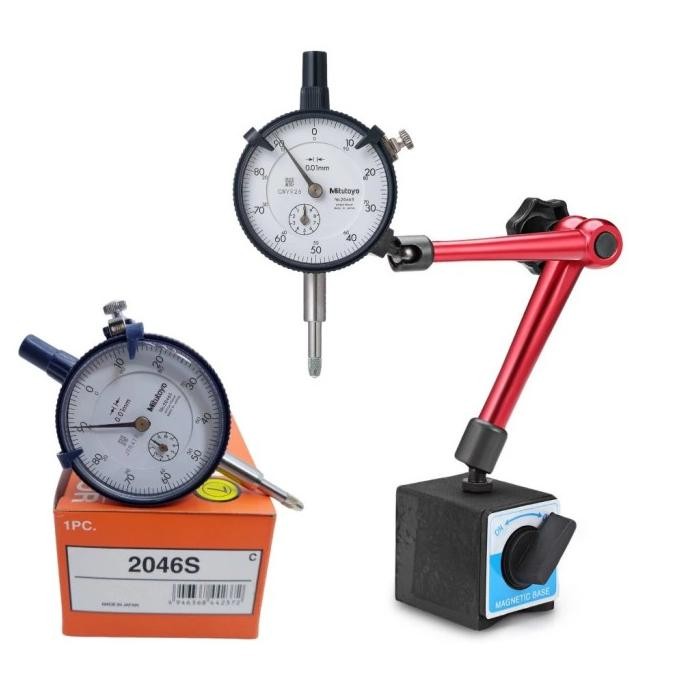 Paket Dial Indicator Mitutoyo 2046S + Magnetic Base Flexibel Besar Test Stand Gauge Pick Indikator S