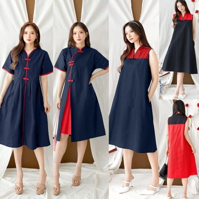 Dress Imlek Wanita Baju Sincia Qipao Cheongsam Cina Katun Uniqlo Tebal