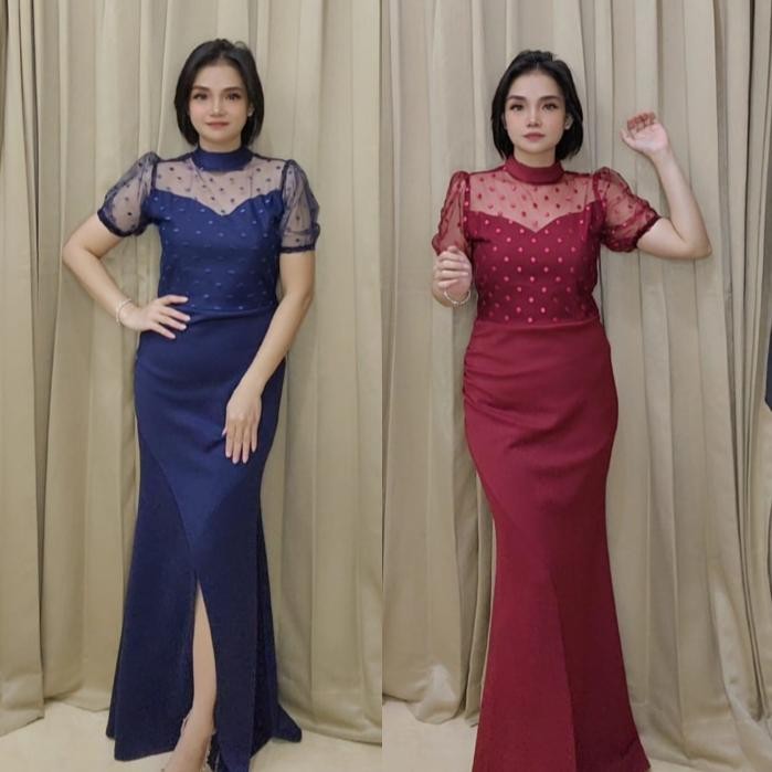Gfd-12 Loowear Long Dress Pesta Bodycon Duyung Lengan Pendek Tile Polkadot Premium Koleksi Butik