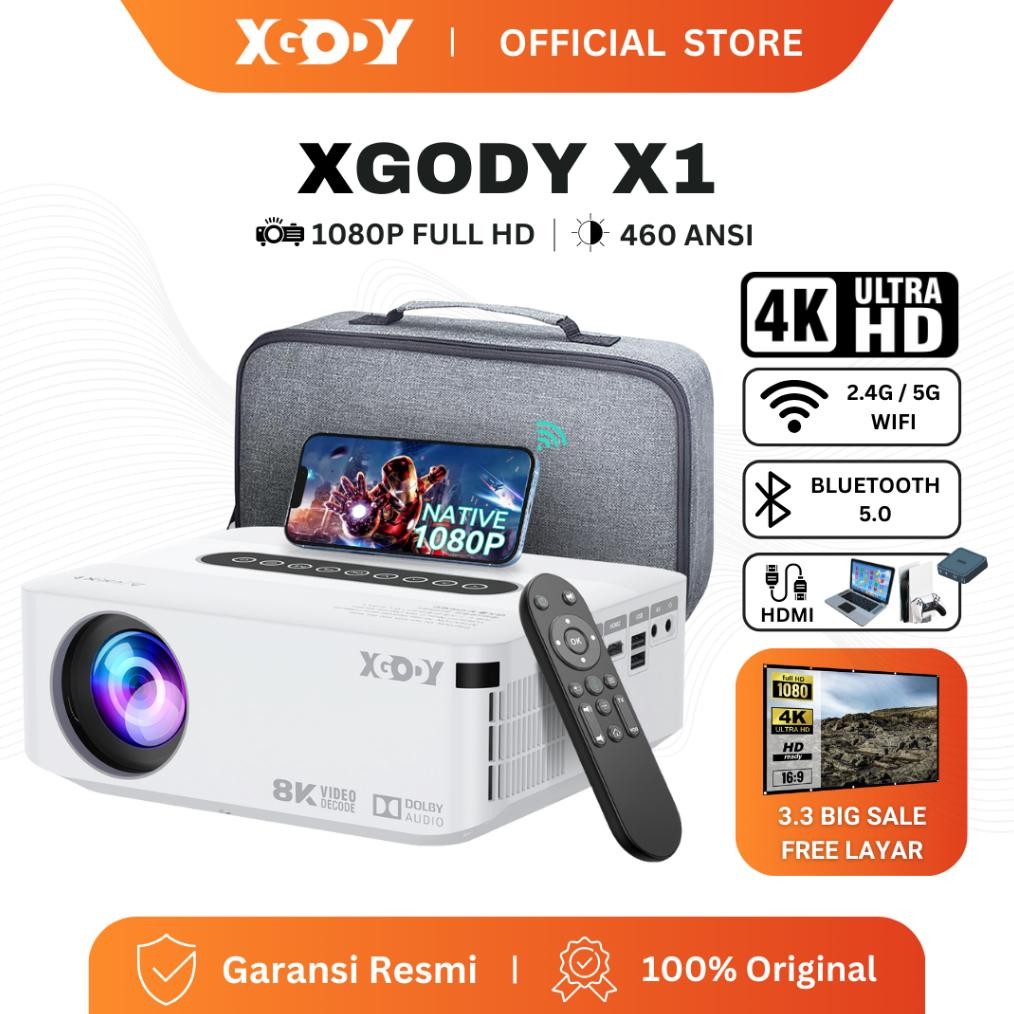 Demetri Xgody X1 Smart Proyektor Lcd -Android 9 - Fhd 1080P -Dolby Atmos -2Gb+16Gb -Auto Keystone - 