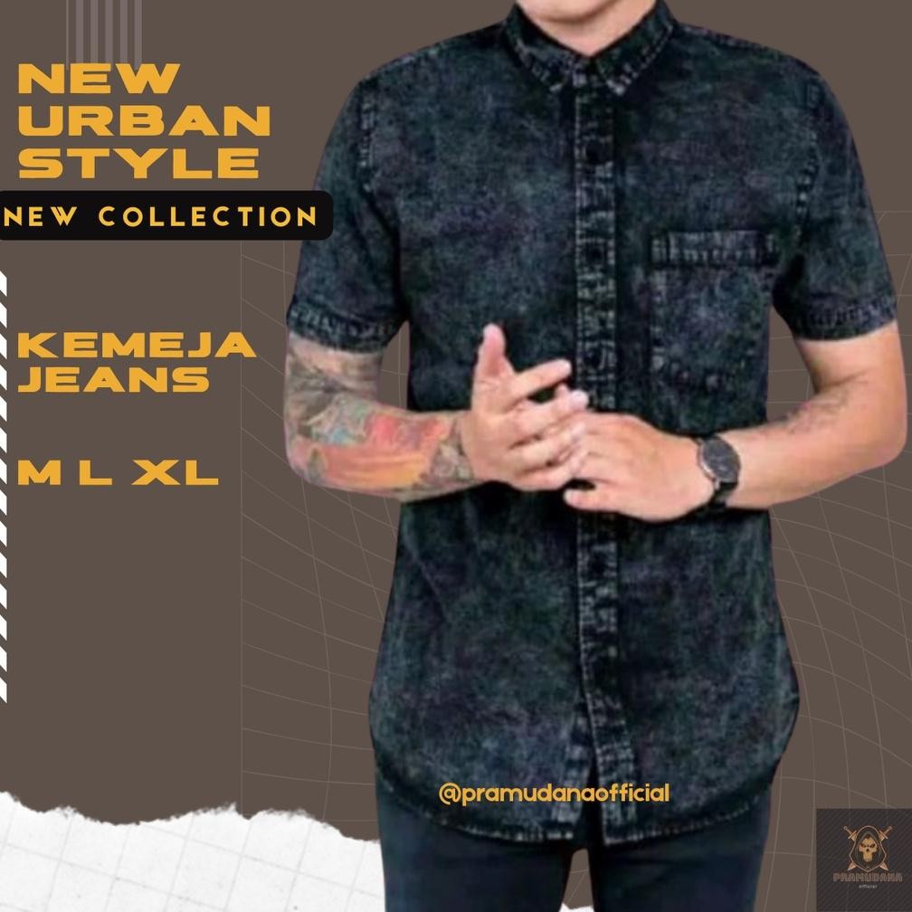Kemeja Denim Pria Lengan Pendek