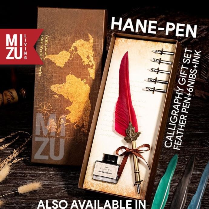 

MIZU HANEPEN Calligraphy Set Feather Quill Dip Pen Bulu 6 Nibs 1 Ink by Radhiant official