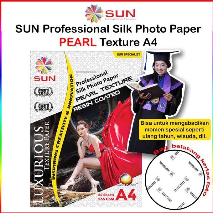 

Kertas Foto Doff Silky Texture A4 Kulit Jeruk - Sun Professional Silky, Glossy Photo Paper 265 A4, Motif Pearl, Canvas, Satin/Luster Double Side ( Support Epson/Canon/Hp/Brother Ori/Dye/Pigment/Art Paper Ink - 664, 003, 673, 790, 810, Bt5000, Gt51 52)