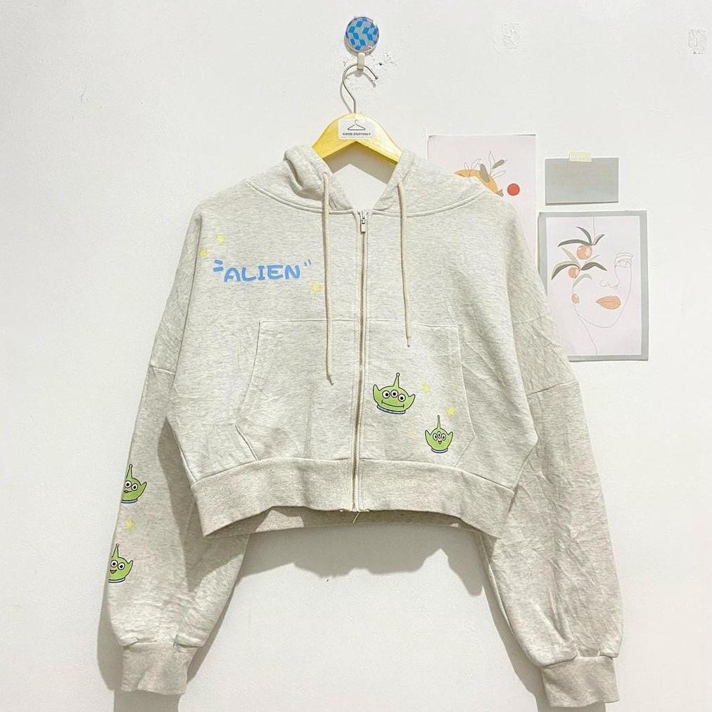 Of14 PL30 HOODIE ALIEN CROP PREMIUM Jaket Sweater Hodie Zipper Wanita Kekinian Fashion Outfit Ootd K