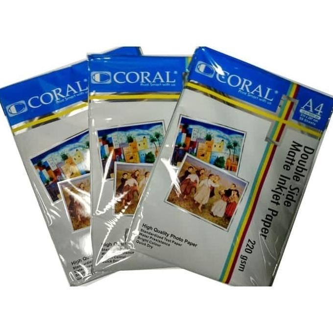 

Coral Double Side Inkjet Paper A4-220 Gr (Pack=50 Sheet) Best Seller