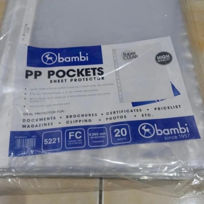 

map plastik/ pp pocket folio, F4 bambi 5221/ 1pak 20 shet murah