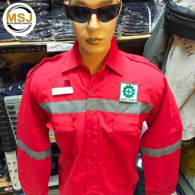baju seragam kerja safety merah / baju atasan kerja safety+ logo k3