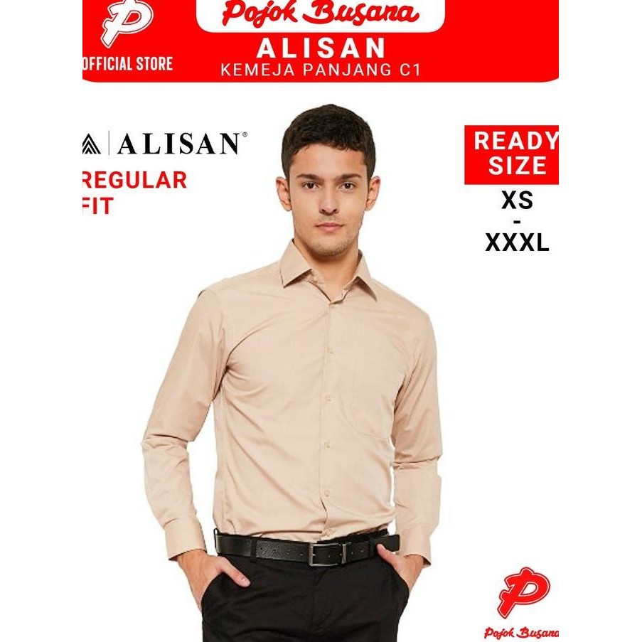 Promo Pojok Busana Alisan Kemeja Lengan Panjang Polos Pria Reguler Fit Mocca Khaki Cream Coklat C1