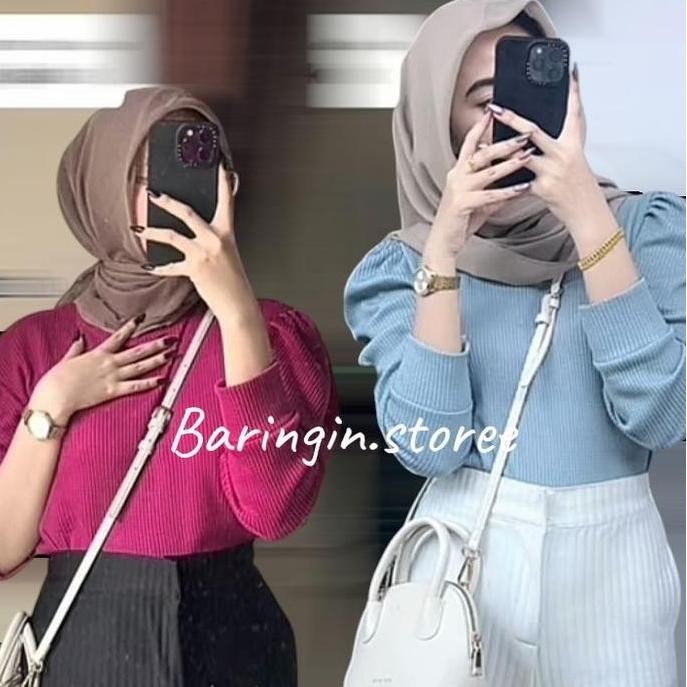 (Excellent) blouse waffle puffy lengan balon wanita/ blouse korean kekinian