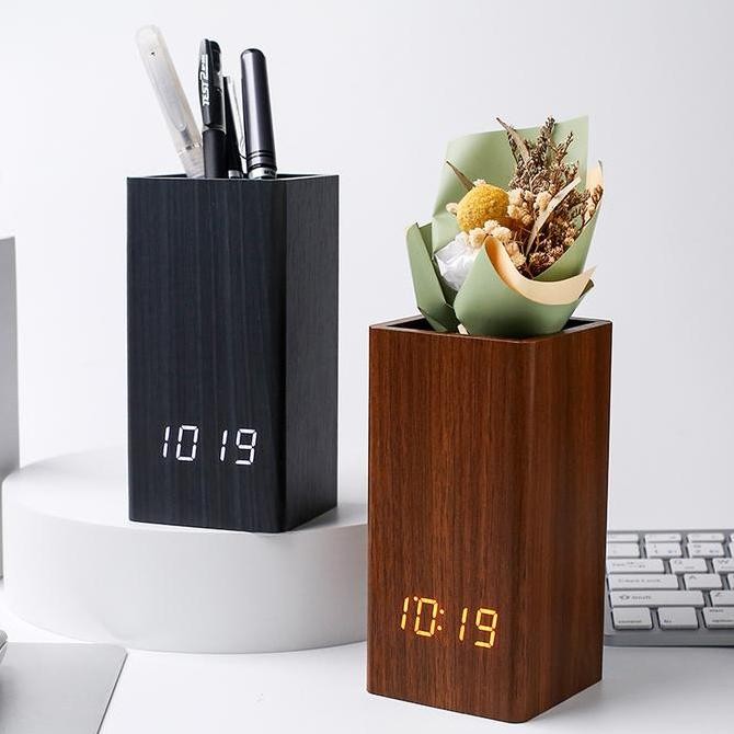 

Jam Meja Motif Kayu Kotak Pensil Taruh Pulpen JD-18 Jam Digital LED Jam Weker Desain Motif Kayu Wooden Clock HFS