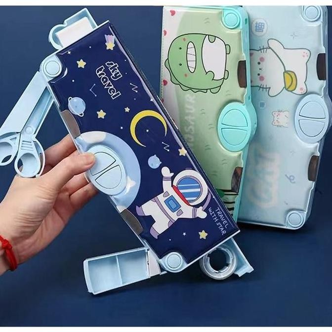 

siap kirim aimilo kotak pensil multifungsi lengkap peruncing gunting penggaris - astronot biru stationery alat tulis