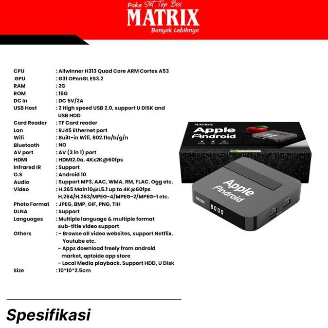 MATRIX Apple Android TV Box - Android 10 Ram 2gb WiFi Android TV