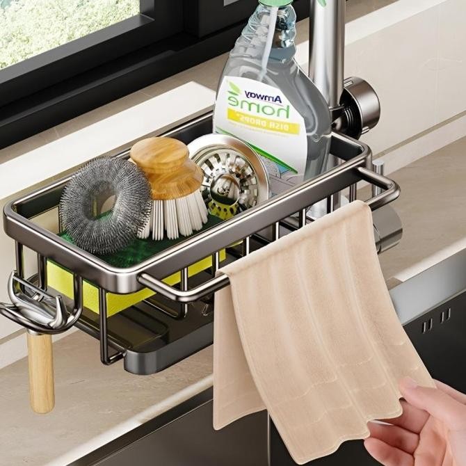Rak Organizer Wastafel Dapur Tempat Sabun Spons Rak Aluminium Penyimpanan Tempat Kain Pencuci Piring