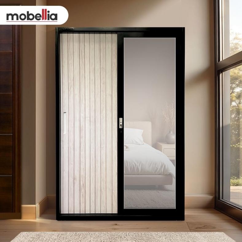 Lemari Besi Sliding Pakaian 2 Pintu Cermin Full Body