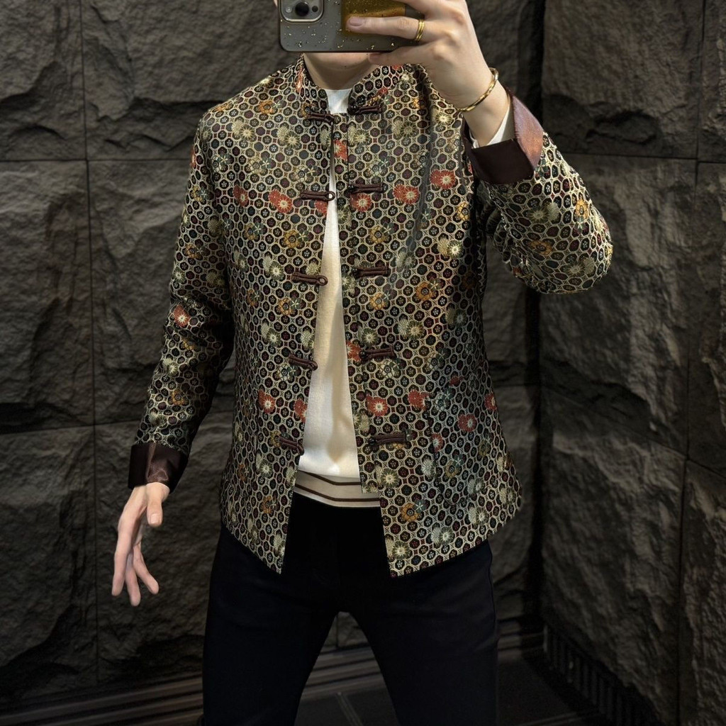 Jaket Pria Gaya Cina Baru yang Dicetak/Setelan Tang Gaya Tradisional Cina dengan Kerah Berdiri