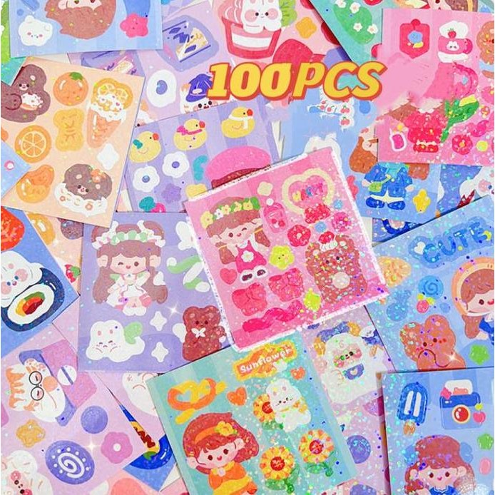 

Stiker 1 Box isi 100 Lembar Motif Momo Glitter Glossy Bling Buat Dekor Photocard Girl Kertas Buku Paper Stationery murah