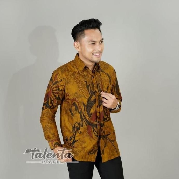 KEMEJA BATIK PRIA LENGAN PANJANG EXECUTIVE KUNING MEWAH PREMIUM JUMBO - KUNING, XXXL ATASAN BAJU TER