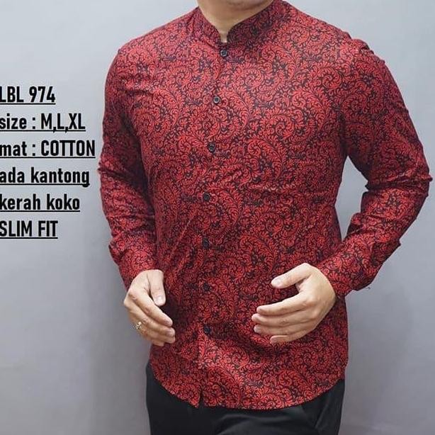 KEMEJA BATIK PRIA SLIM FIT MERAH / BAJU BATIK PRIA CHEONGSAM LBL974 TERMURAH