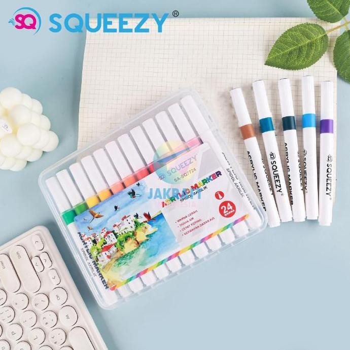 

Ready (24 Pcs) Set Spidol Kuas Acrylic Brush Permanent Pen Marker 24 Warna SQUEEZY SA-SQ7724 Permanen Segala Permukaan Gelas Kertas Kaca Akrilik Lebih Pekat Opaque Tebal 2 mm cat air