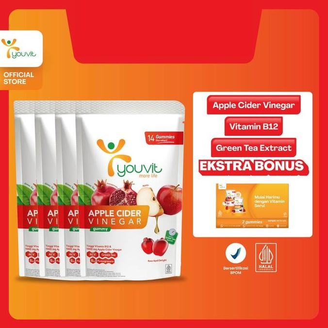 

STOK TERBATAS YOUVIT APPLE CIDER VINEGAR GUMMY 28 HARI (4 POUCH) DENGAN APEL, EKSTRAK GREENTEA, VIT B12 (ASAM CUKA APEL)