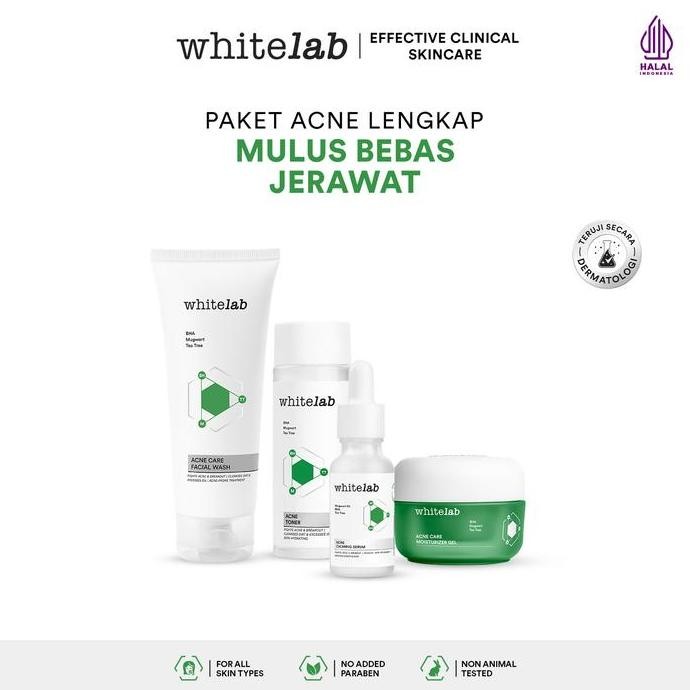 Whitelab 4pcs Paket Acne Tanpa Acne Cream - Cleanser, Toner, Serum, Moisturizer Paket Skincare Treat