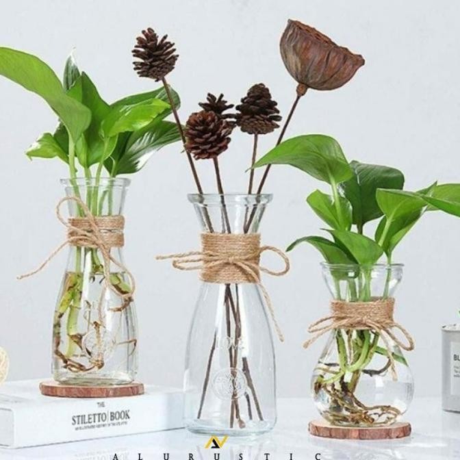 VAS BUNGA KACA BENING TALI RAMI AESTHETIC |  POT BUNGA | VAS RUSTIC