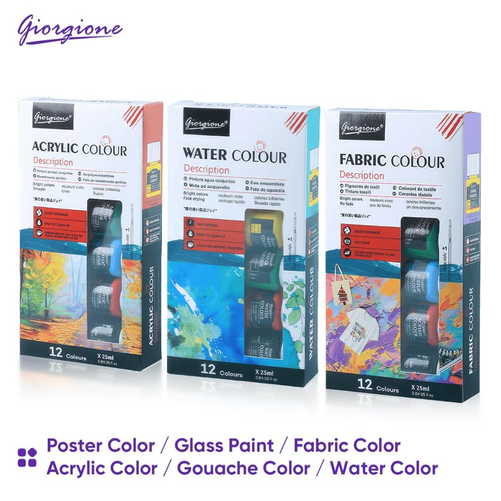 

baru !!! Giorgione Pigmen Set Paint Set Cat Air/Cat Guas/Cat Akrilik/Pigmen Kaca/Pigmen tekstil/Cat iklan 25ml 6/12 Warnas