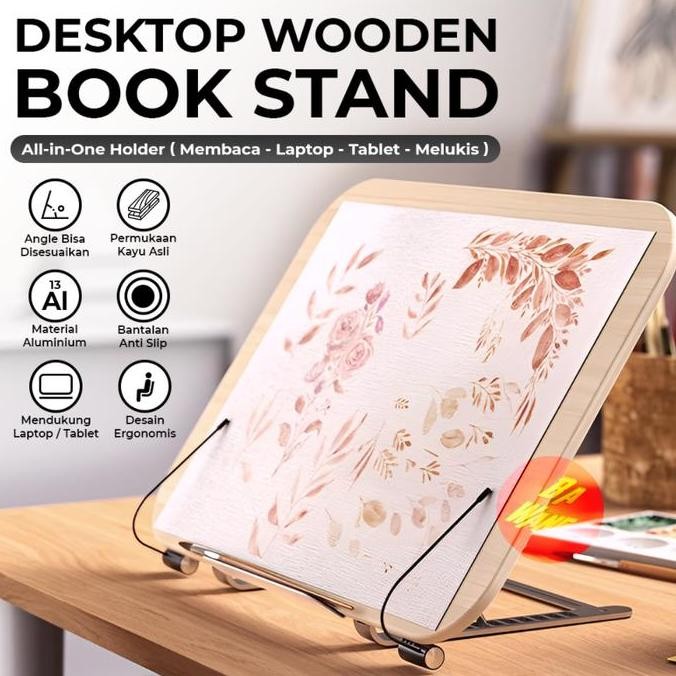 Stand Standing Holder Dudukan Alas Kayu Buku Tablet Laptop Tab Ipad New Stok