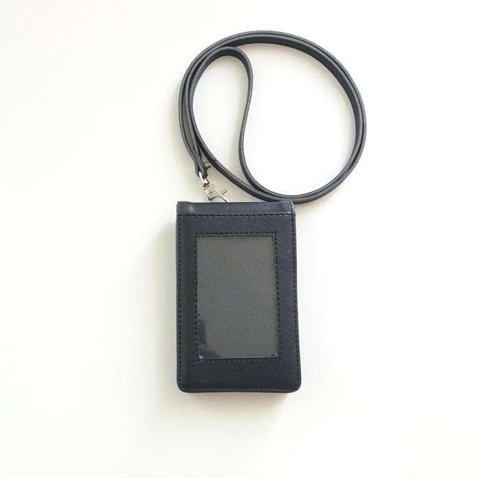 

new !!! ID Card Holder Name Tag Kulit Dua Sisi Bolak Balik Mika Kancing Hitam murah