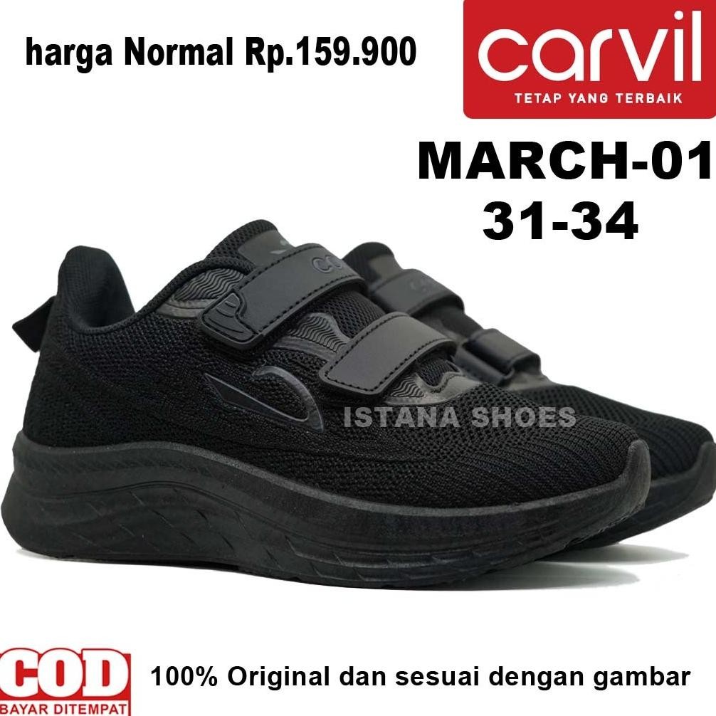 Sepatu Sekolah Carvil Sepatu Anak March -01 Sd Smp Full Black Perekat Murah