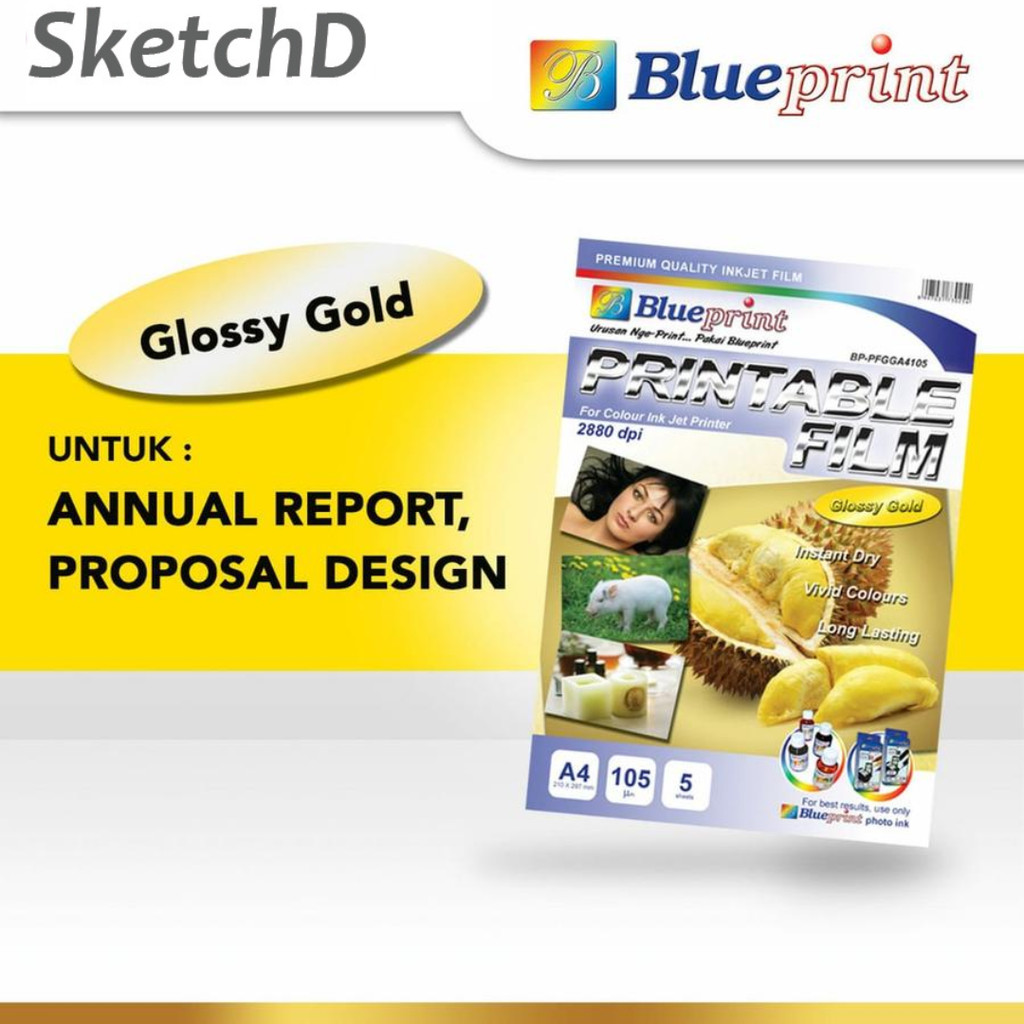 

Kertas Film Gloss Emas Blueprint Film Glossy Gold A4 5 lembar 105 gsm