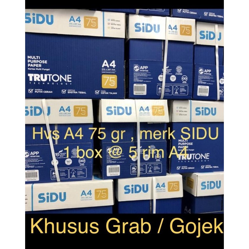 

TERBARU - Hvs A4 75 gr merk SIDU "SINAR DUNIA" ( box ) KHUSUS GRAB / GOJEK