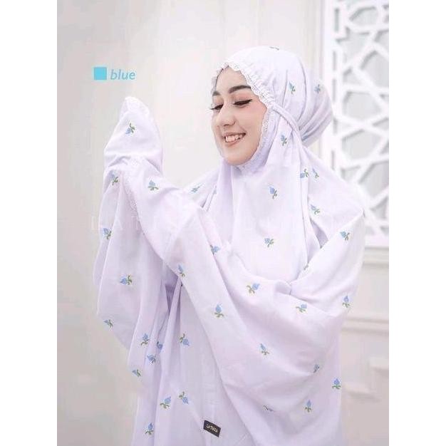 MUKENA TERUSAN PUTIH MODEL DAHI KERUT DG BORDIR SERIBU BUNGA | MUKENAH DEWASA REMAJA LAJUR/LANGSUNGA