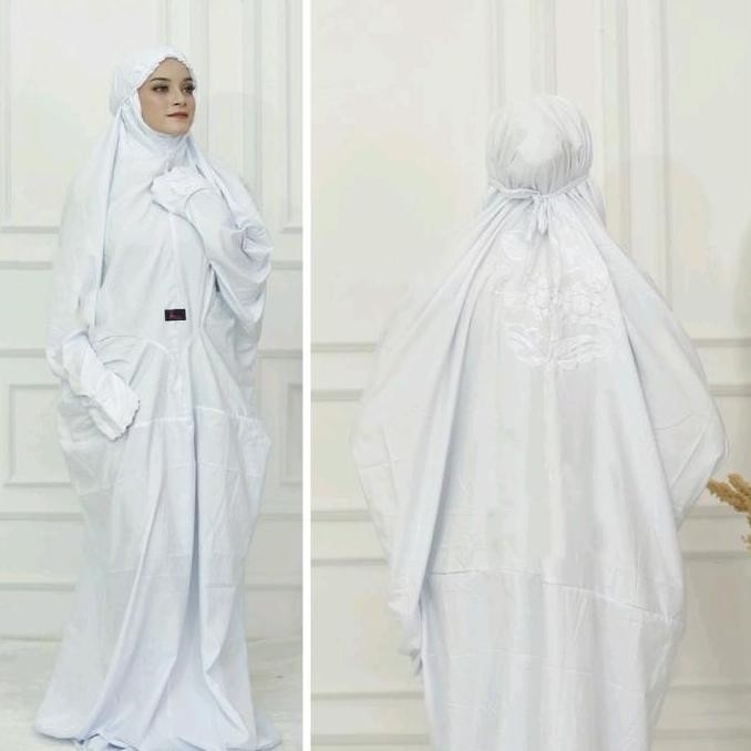MUKENA TERUSAN PUTIH POLOS SIMPEL DENGAN KERUT/KARET DI DAHI Cantik Katun Variasi Muslim Bordir Dewa