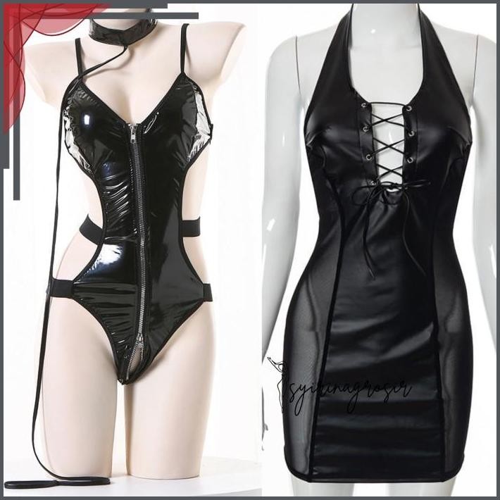 LINGEIRE SEKSI KULIT PU BACKLESS MINI DRESS MODEL EROPA AMERIKA PROMO