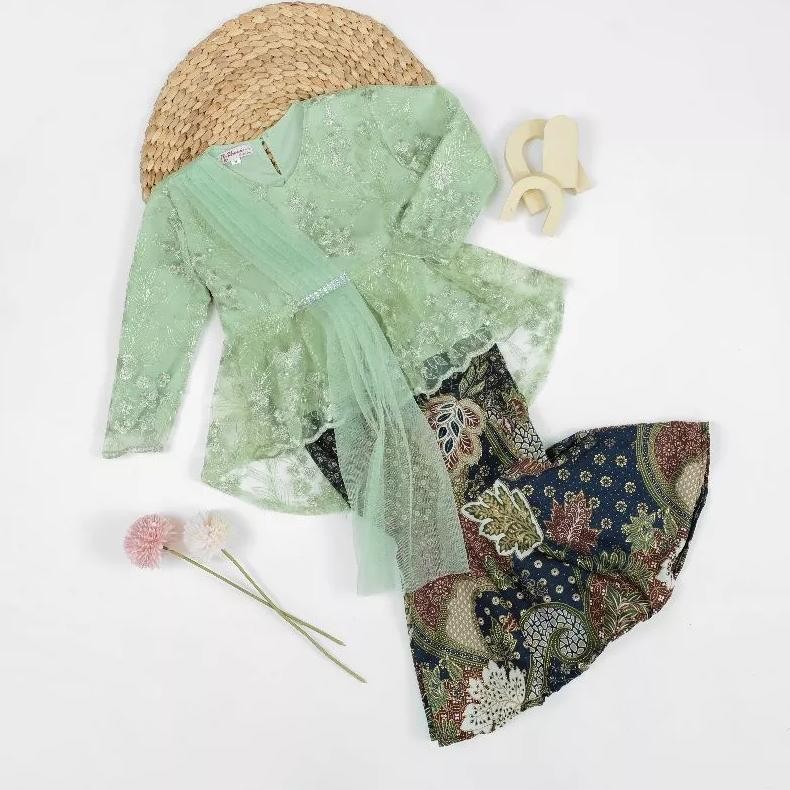 New Setelan Burkat Baju Kebaya Anak Perempuan Brukat Tille Terkini Slayer Selendang Aurora Modern Mo