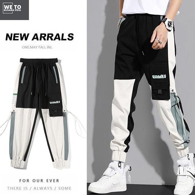Berkualitas Celana Cargo Panjang Pria korea style casual hitam putih jumbo