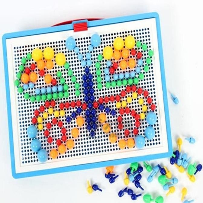 baru  Mainan Mushroom Nail 3D Puzzle 296Pcs DIY Handmade Mosaic Pegboard Jigsaw Educational Mainan A