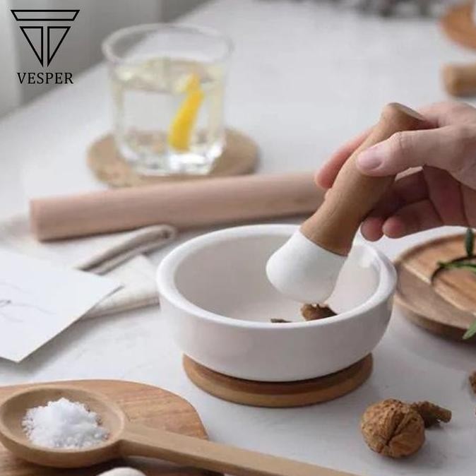 

ceramic mortar pestle bamboo handle ulekan tumbukan cobek bumbu dapur BS09
