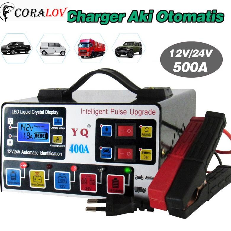 Ready StokCORALOV Seterek Cas Aki Motor Mobil 24 Volt Otomatis Charger Aki 12V 24V 500AH Otomatis Mo