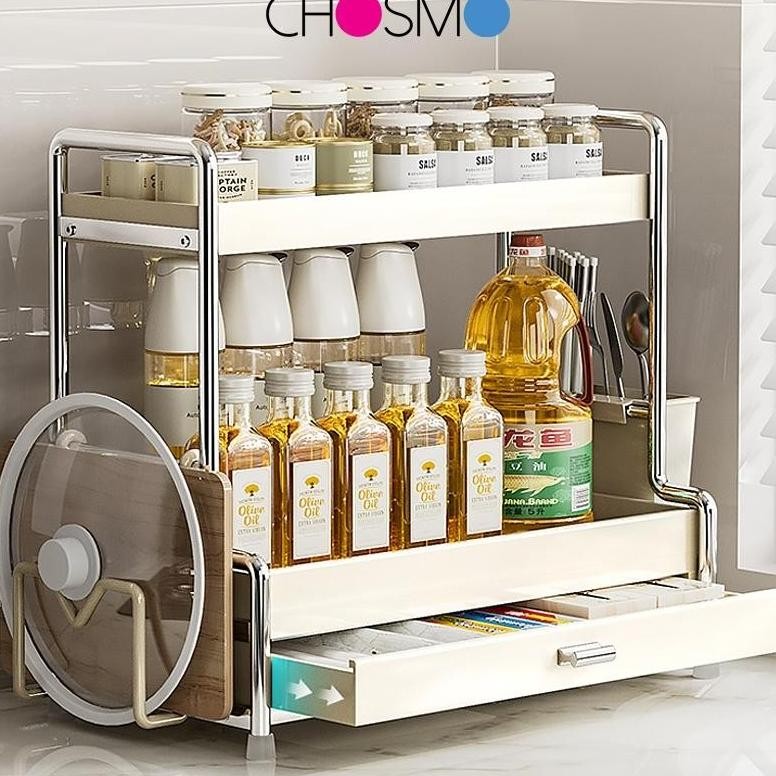 Rak Bumbu Dapur Stainless Steel Rak Bumbu dengan Laci Rak Dapur Serbaguna Rak Botol Bumbu