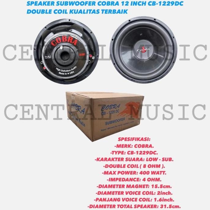 TERBARU - SPEAKER SUBWOOFER COBRA 12 INCH CB-1229 DC DOUBLE COIL SUBWOOFER