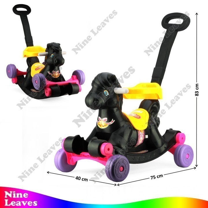 Mainan Anak Tunggangan Ayun Kuda Hitam 2 in 1 B/O Suara Musik Lampu + Dorongan