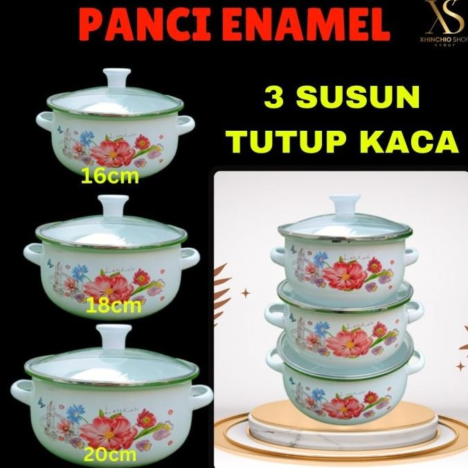 Sale Panci Set Susun 3 Bahan Enamel Dan Kaca/Panci Susun 3 Warna Putih