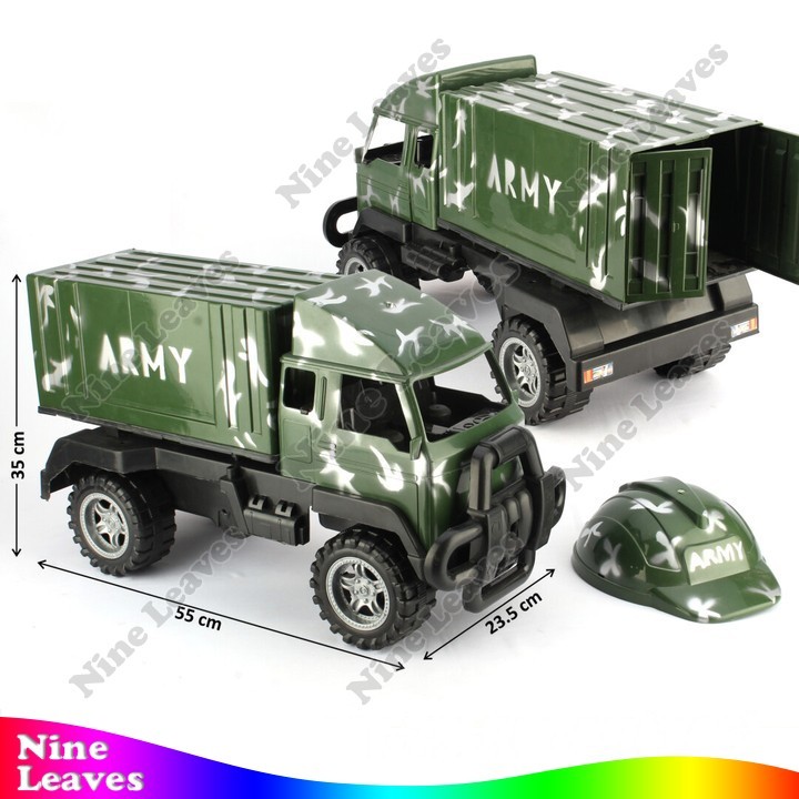 Mainan Anak Truk Tentara Truk Box 52 cm Roda Hitam + Helm Tentara