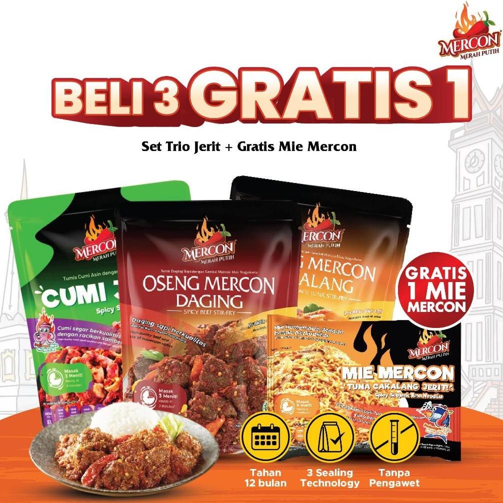 

[ BELI 3 GRATIS 1 ] - Mercon Merah Putih - Set Trio Jerit|| Oseng Mercon Daging + Cumi Jerit Sambal Mercon + Oseng Mercon Cakalang + GRATIS MIE MERCON CAKALANG