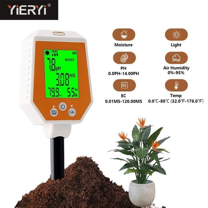 Yy-1080 Alat Tester Tanah Ph Kelembaban 6-In-1 Soil Tester Ph Ec Moisture Sunlight Air Humidity Temp